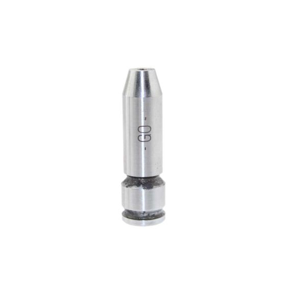 Close-up vertical view of a 7.62x39mm Russian spec uncoated steel headspace gauge.