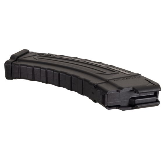 Angled view of black Key-Arma 30-round 5.45x39 windowed AK magazine, fiberglass reinforced.