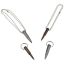 Two silver-handled tools with dark tips, two dark pins with rings.