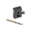 Angled view of dark heat-treated steel gas piston drilling jig, TiN drill bit.